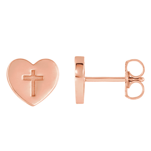 14k Rose Gold Heart and Cross Stud Earrings