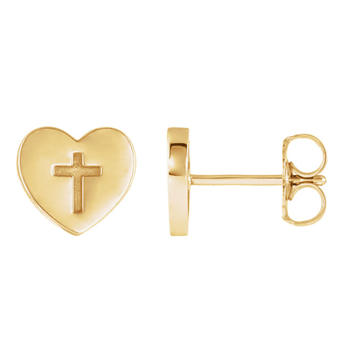14k Yellow Gold Heart and Cross Stud Earrings