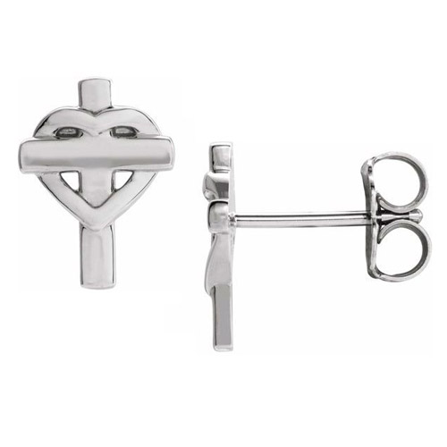 14k White Gold Intertwined Heart and Cross Stud Earrings