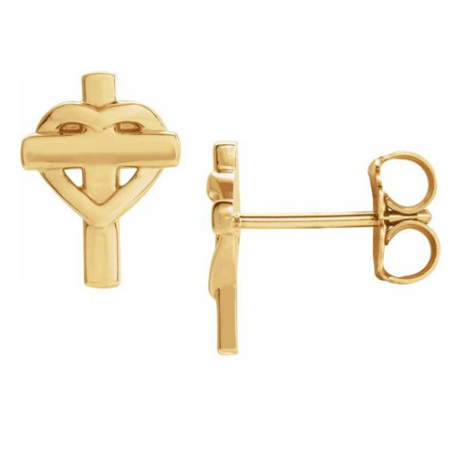14k Yellow Gold Intertwined Heart and Cross Stud Earrings