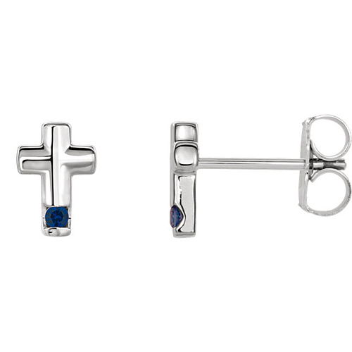 14k White Gold Blue Sapphire Accented Cross Earrings