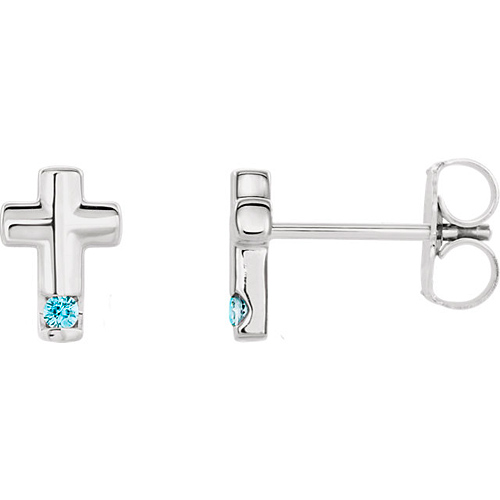 14k White Gold Blue Zircon Accented Cross Earrings