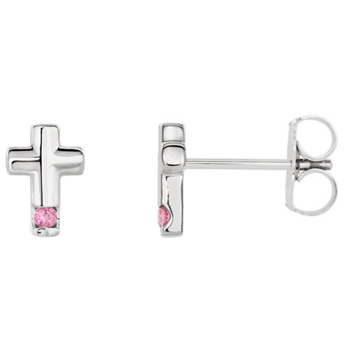 14k White Gold Pink Tourmaline Accented Cross Earrings