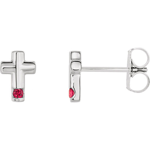 14k White Gold Ruby Accented Cross Earrings