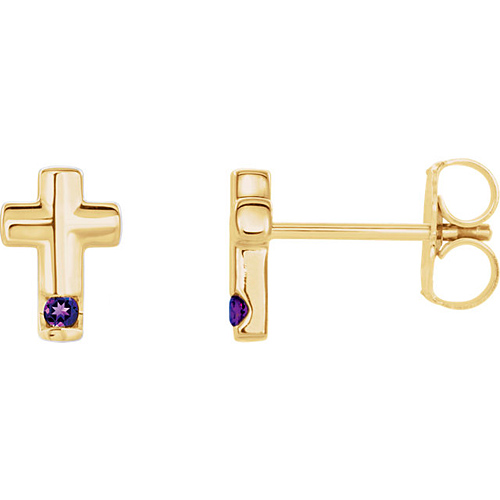 14k Yellow Gold Amethyst Accented Cross Earrings