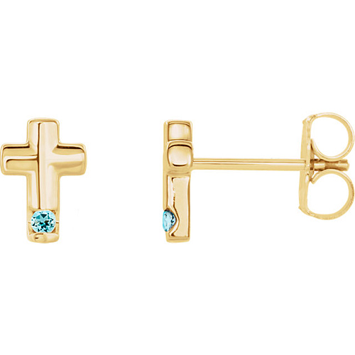 14k Yellow Gold Aquamarine Accented Cross Earrings