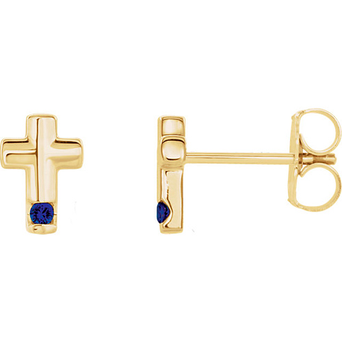 14k Yellow Gold Blue Sapphire Accented Cross Earrings