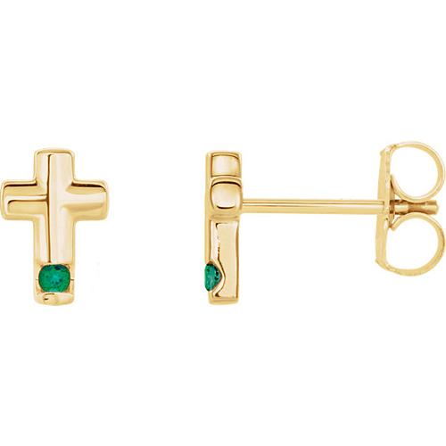 14k Yellow Gold Emerald Accented Cross Earrings