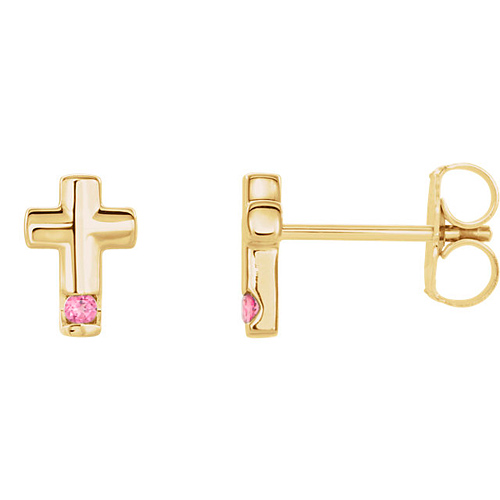 14k Yellow Gold Pink Tourmaline Accented Cross Earrings
