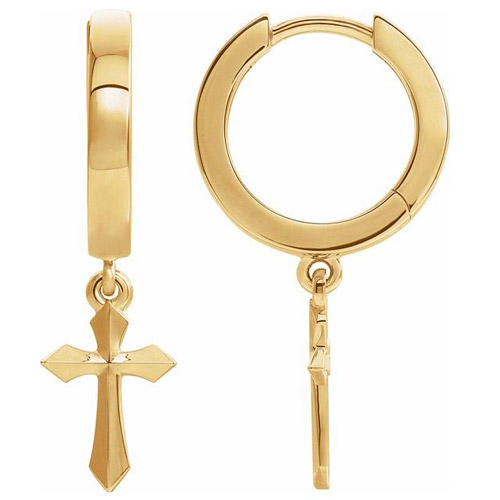 14k Yellow Gold Small Dangling Pointed Cross Hoop Earrings