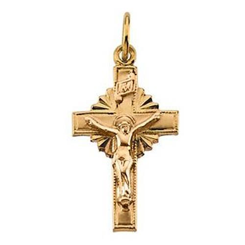14k Yellow Gold Small Hollow Crucifix Sunburst Design 15x10mm