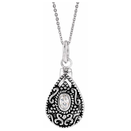Sterling Silver Tear Ash Holder Necklace with Oval CZ 18in