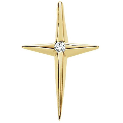 14k Yellow Gold .02 ct Diamond Pointed Cross Pendant 3/4in