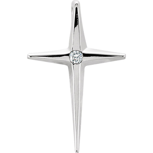 14kt White Gold 3/4in Pointed Cross with .02 ct Diamond