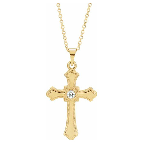 14k Yellow Gold .06 ct Diamond Budded Cross Necklace