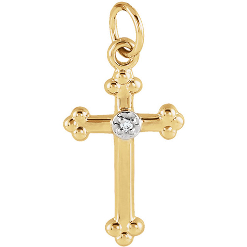 14kt Yellow Gold 5/8in Budded Cross with Diamond Accent
