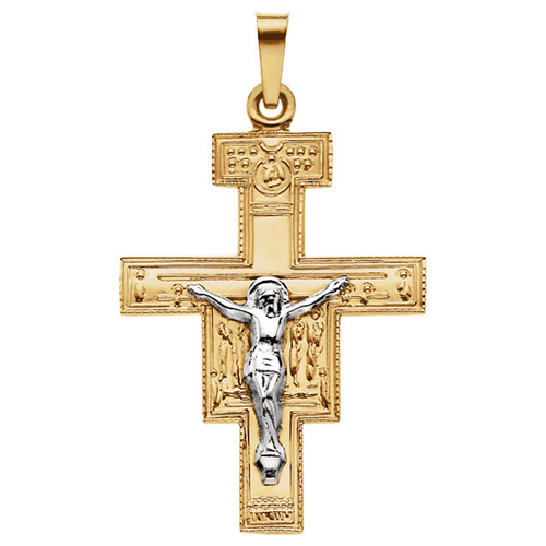 14k Two-tone Gold San Damiano Crucifix Pendant 1in