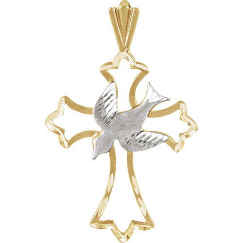 14k Two-tone Gold 5/8in Dove and Cross Pendant
