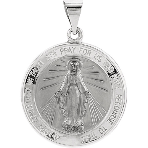 14k White Gold 22mm Hollow Round Miraculous Medal