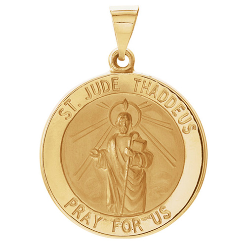 14k Yellow Gold Hollow Round St. Jude Medal 7/8in