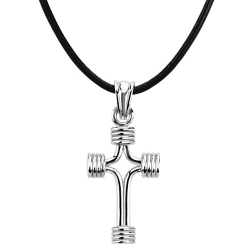 Sterling Silver 1in Tubular Cross with 18in Leather Cord