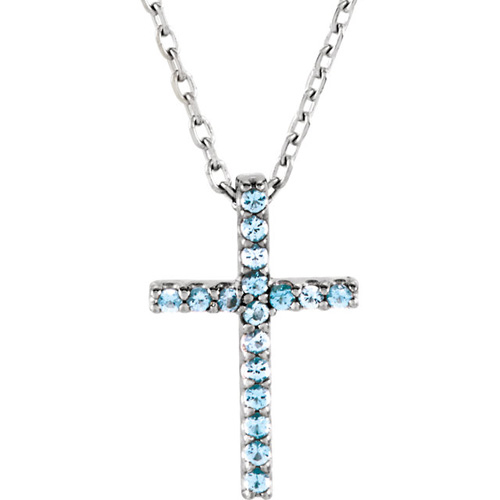 14k White Gold Small Aquamarine Cross Necklace 16in