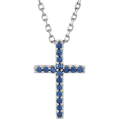 Small Blue Sapphire Cross 16in Necklace 14k White Gold