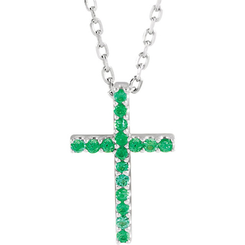 Small Emerald Cross 16in Necklace 14k White Gold