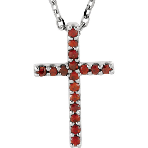 Small Garnet Cross 16in Necklace 14k White Gold