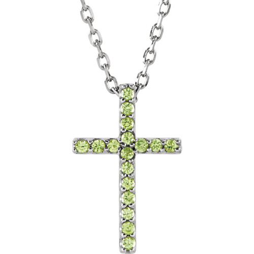 Small Peridot Cross 16in Necklace 14k White Gold