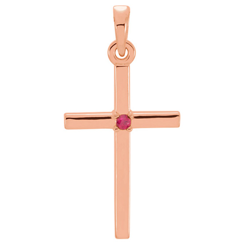 14k Rose Gold Classic Cross Pendant with Ruby Accent 7/8in