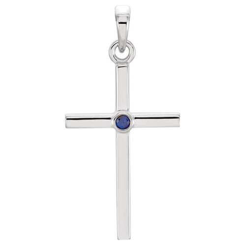 14k White Gold Classic Cross Pendant with Blue Sapphire Accent 7/8in