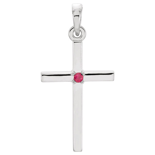 14k White Gold Classic Cross Pendant with Ruby Accent 7/8in