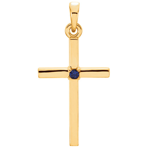 14k Yellow Gold Classic Cross Pendant with Blue Sapphire Accent 7/8in