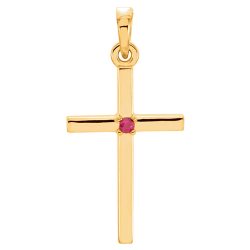14k Yellow Gold Classic Cross Pendant with Ruby Accent 7/8in