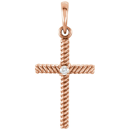 14kt Rose Gold 1in Diamond Rope Textured Cross
