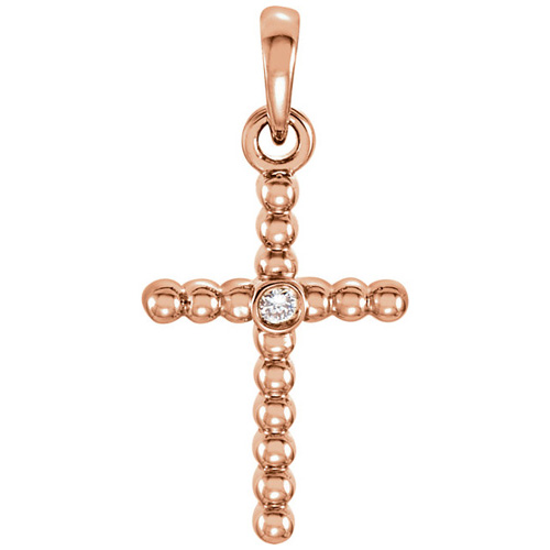 14kt Rose Gold 3/4in Beaded Cross with Diamond Accent