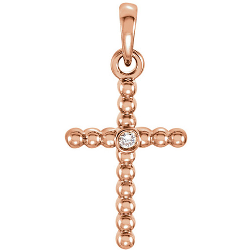 14kt Rose Gold 3/4in Beaded Cross with Diamond Accent