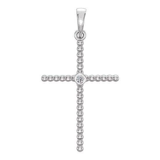 14kt White Gold 1in Beaded Cross with Diamond Accent