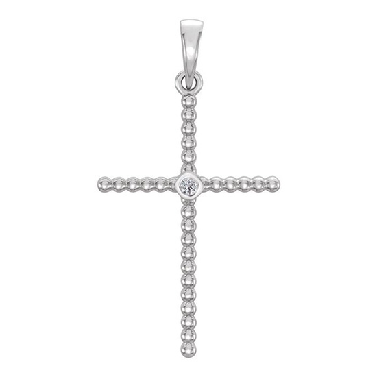 14kt White Gold 1 1/4in Beaded Cross with Diamond Accent