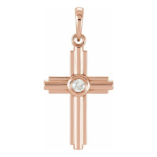 14kt Rose Gold 1in Stepped Cross with Diamond Accent