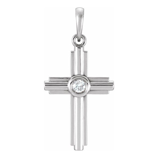 14kt White Gold 1in Stepped Cross with Diamond Accent