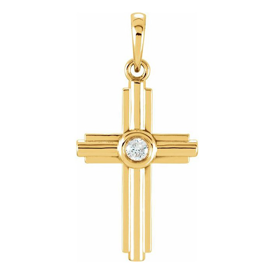 14kt Yellow Gold 1in Stepped Cross with Diamond Accent