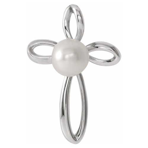 14k White Gold 4.5mm Freshwater Cultured Pearl Cross Pendant