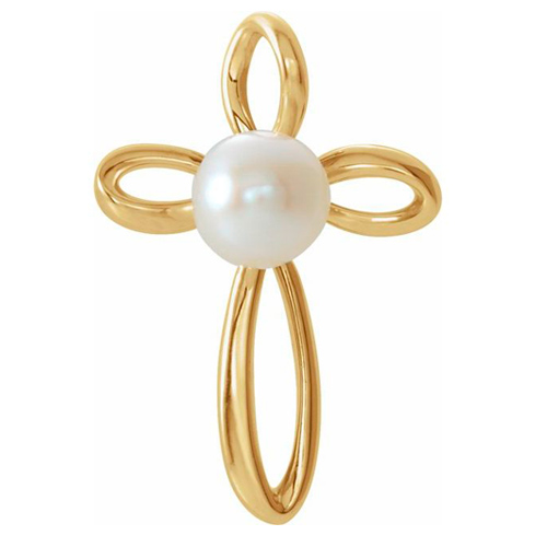 14k Yellow Gold 4.5mm Freshwater Cultured Pearl Cross Pendant