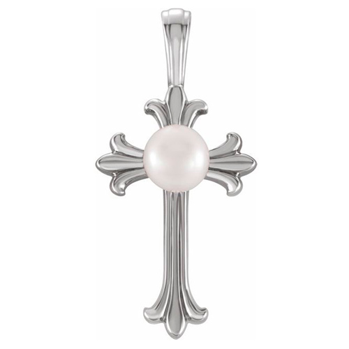14k White Gold 4.5mm Freshwater Cultured Pearl Budded Cross Pendant