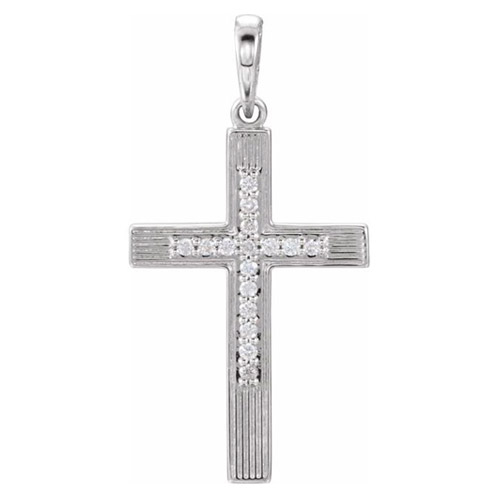 14k White Gold .08 ct Diamond Latin Cross Pendant with Grooves