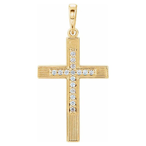 14k Yellow Gold .08 ct Diamond Latin Cross Pendant with Grooves