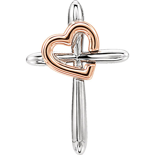 14kt White Gold 3/4in Cross Pendant with Rose Gold Heart