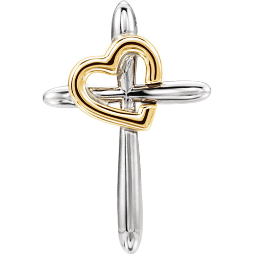 14kt White Gold 3/4in Cross Pendant with Yellow Gold Heart